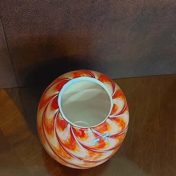 Rare Murano Swirl Art VaseHand-Blown Red & GoldDouble Cased White Inside